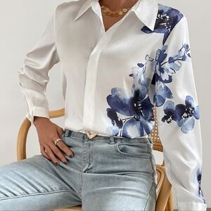 NWOT SHEIN White and Blue Floral Button Down Shirt